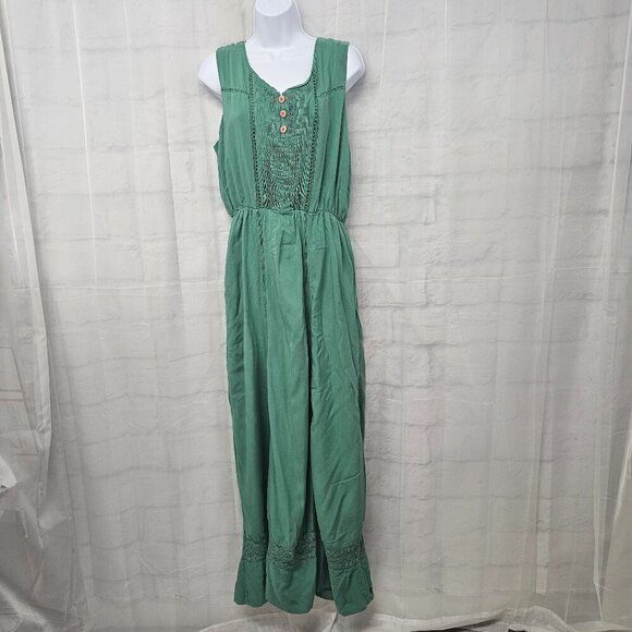 Matilda Jane Green Sleeveless Maxi Dress Crochet Pintuck Boho Prairie L - Picture 12 of 12